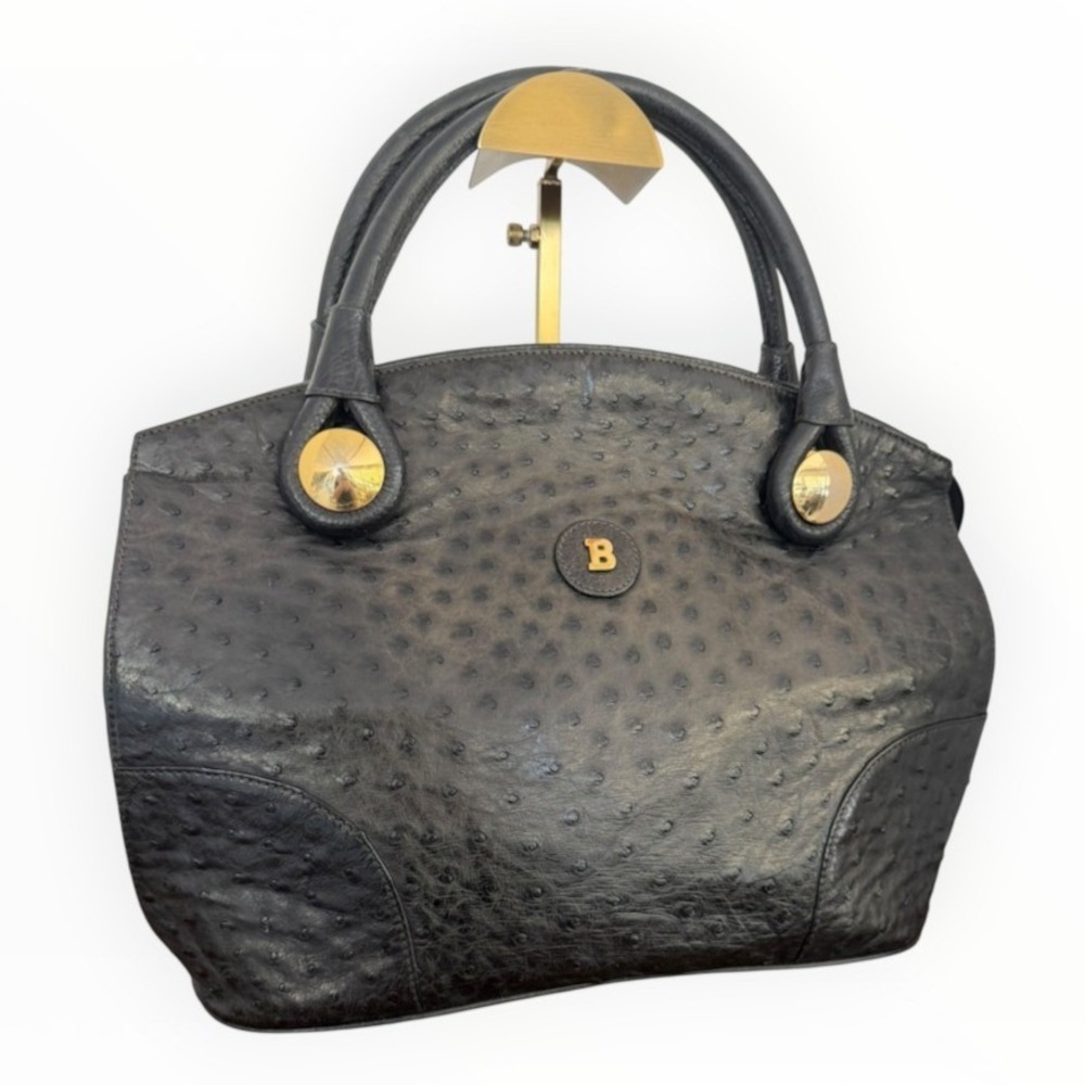Vintage Bally Black Genuine Ostrich Leather Top Handle Bag Gold Hardware
